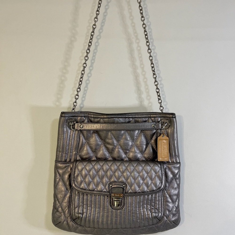 Coach Poppy Quilted Platinum Leather Slim Tote Shoulder Bag